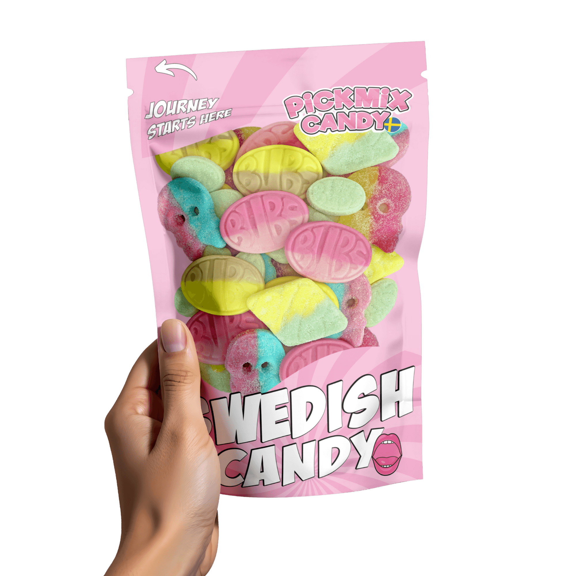 A hand holding a Pickmix pick & mix candy bag