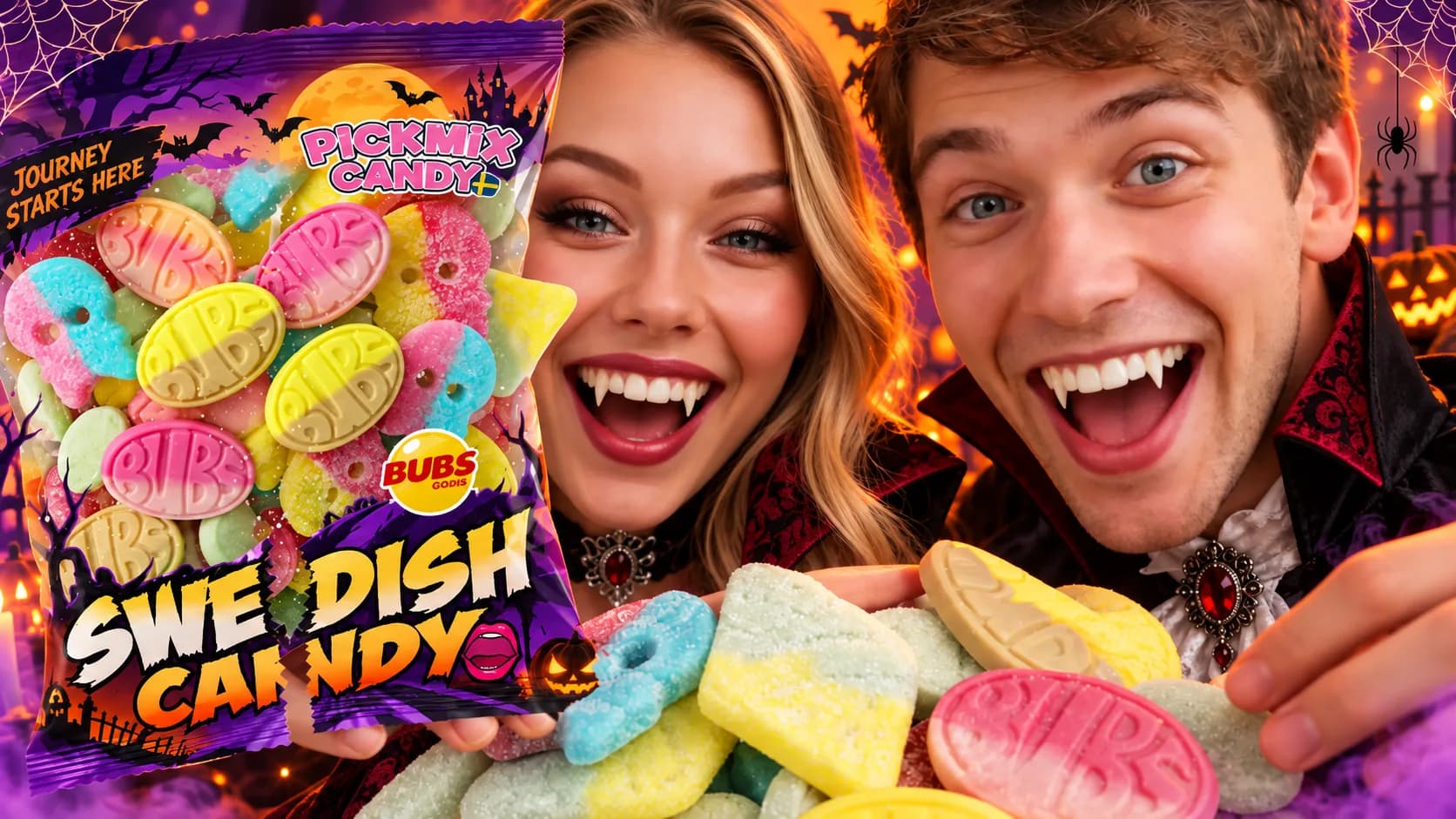 A Halloween-edition Pickmix bag of Swedish candy filled with BUBS sweets, held up by two people in vampire costumes against a pumpkin-lit backdrop