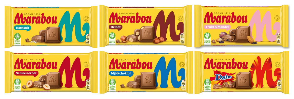 Three different flavors of Marabou chocolate: Whole Nut, Sea Salt, Fruit & Almond, Swiss Nut, Milk Chocolate, and Daim.