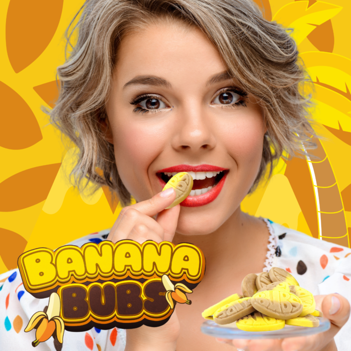 a woman eating a bowl of Banana Bubs candy