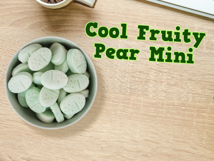 a bowl of Bubs fruity pear mini candies on a table