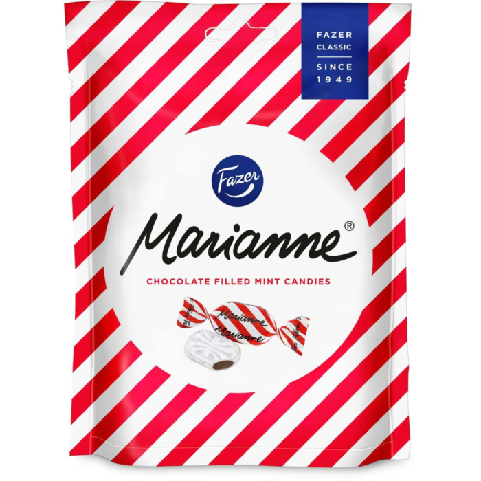 a red and white striped Marianne Fazer Candy bag