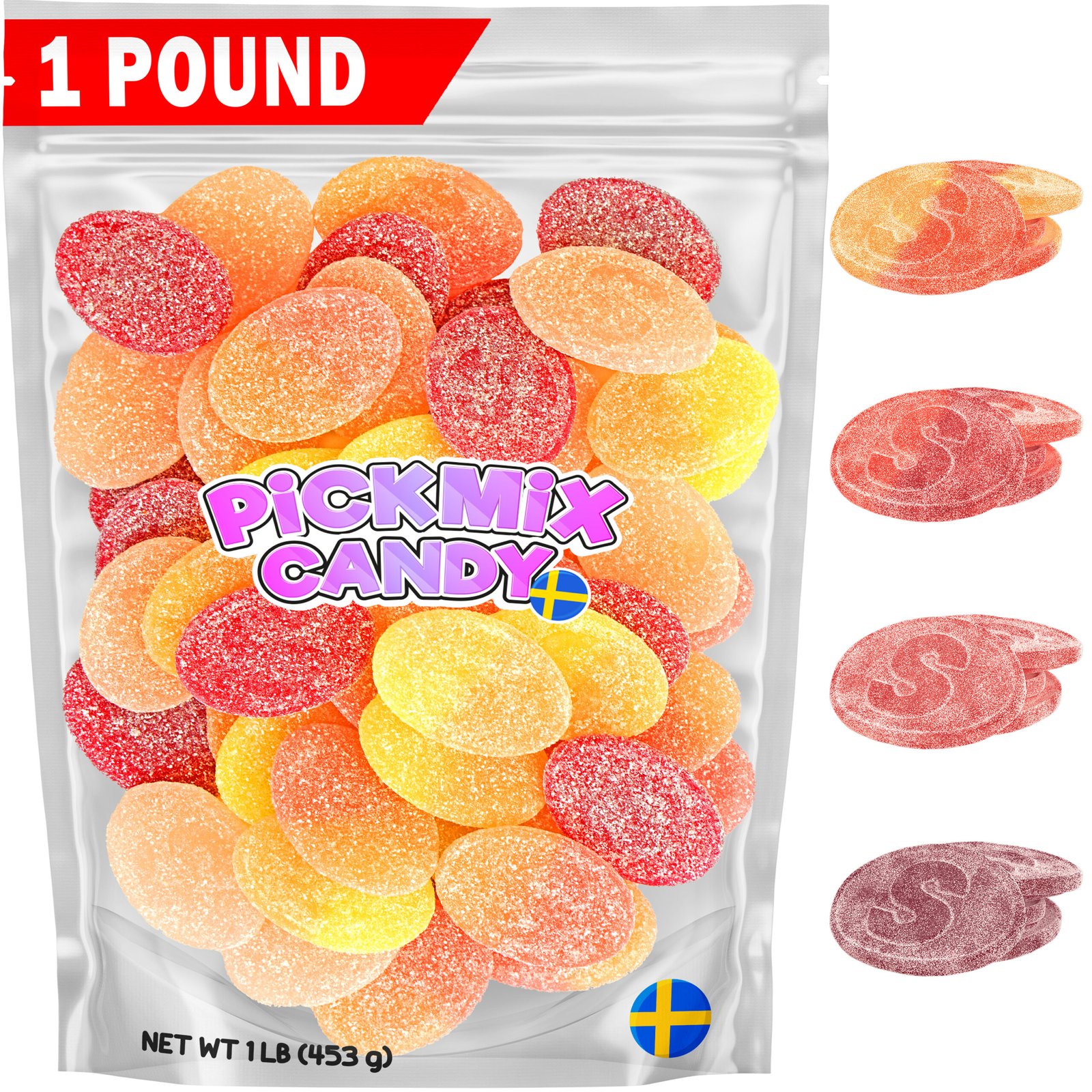 Swedish Candy S-Märke Mix - Sour Gummy Candy, Peach Dragonfruit, Maracuja, Watermelon & Cherry